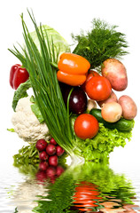 Different fresh tasty vegetables with water reflection