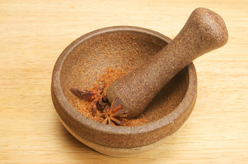 Pestle and mortar with ground spice inside