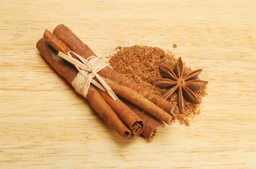 Cinnamon,star anise and Chinese five spice on wooden board