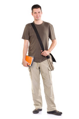 Young man standing with book and bag, isolated on white