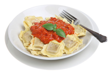 Ravioli pasta dish with tomato sauce