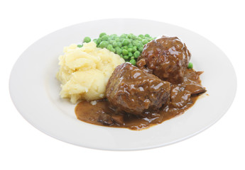 English dish of faggots, mashed potato and peas