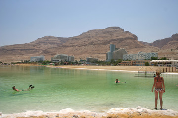 dead sea salt lake with hotels in desert