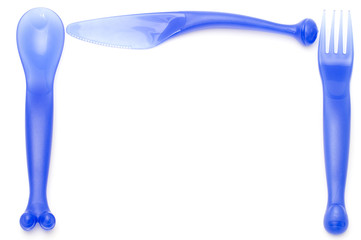 object on white - kitchen utensil plastic spoon with fork