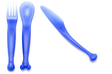 object on white - kitchen utensil plastic spoon with fork