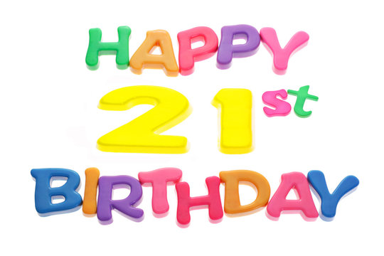 "Happy 21st Birthday" letter blocks arranged on white background
