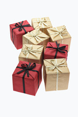 Color gift boxes with bow ribbons on white background