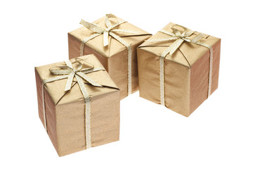 Three gift boxes with bow ribbons on white background