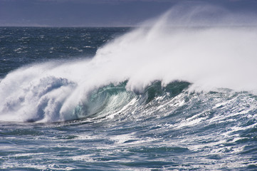 Powerful waves rolling in against a stormy wind