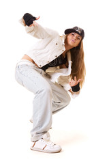 tough hip hop girl in dance pose. isolated on white