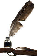 an ink bottle and a quill on the book