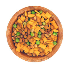 Mixted snacks green peas crackers peanuts and spices