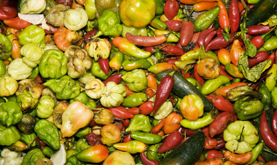 Variety of red and green South American peppers