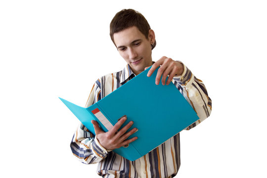 man with a folder isolated on white
