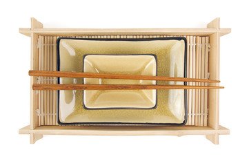 Abstract Chopsticks and Bowls Isolated on a White Background..