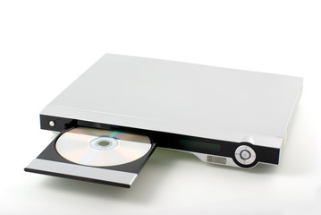 Silver DVD player with an open receivers and disk