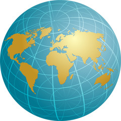 Map of the world illustration, on spherical globe with grid