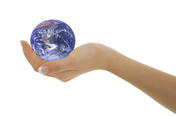 Caucasian female hand holding the earth on white backgound
