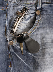 Car keys in the jeans pocket, fashion, blue