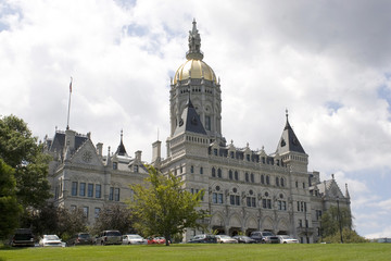 Thie golden-domed capitol building in Hartford, Connecticut.