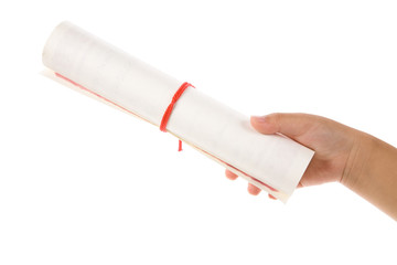 hand holding University diploma with white background