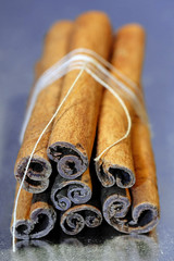 Cinnamon sticks tied and isolated on a gray background.
