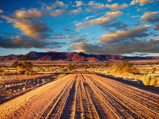 Road in Kalahari Desert, Namibia - obrazy, fototapety, plakaty