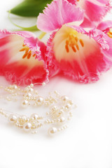 pink tulips and pearlnecklace, engagement concept
