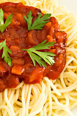 close-up of spaghetti and tomato sauce
