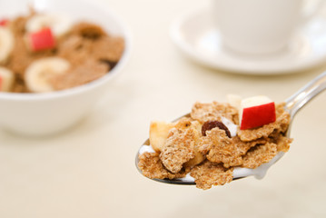 A spoon with breakfast cereal, fruit and milk