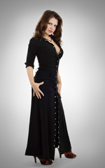 series of images with the beautiful brunette in a black dress