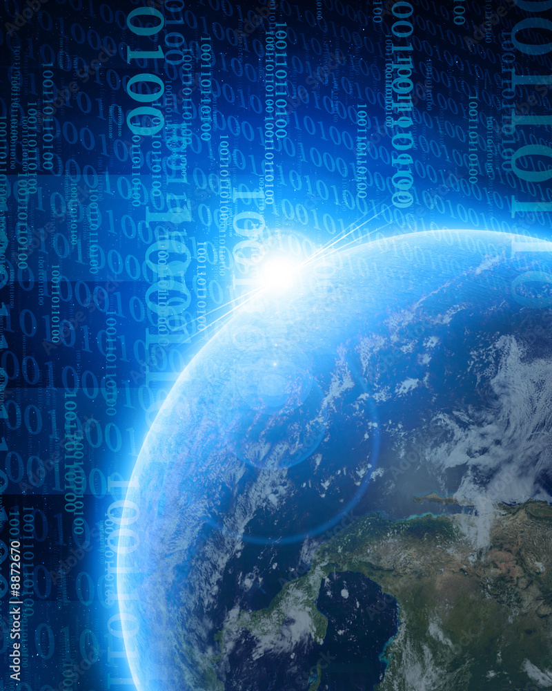 Poster digital world: planet earth with integrated bits and bytes
