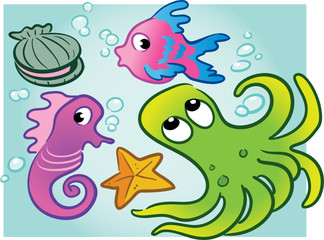 various vector sea creatures: clam, fish, seahorse, octopus