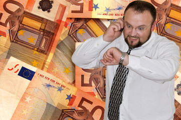 Businessman having phone conversation on euro background