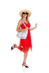 Attractive young lady, woman in red dress and straw hat.