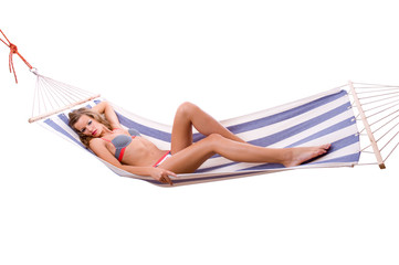 Sexy woman wearing bikini relax on hammock.