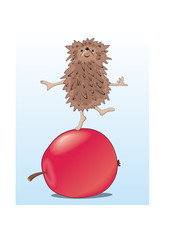 The hedgehog pleased by getting a fresh apple.
