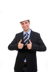 young business man going thumbs up, isolated on white background