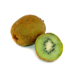 Whole and cut ripe, juicy kiwi on a white background.