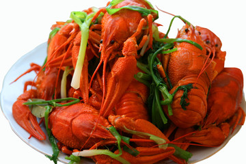 Red crayfish welded with spices and greens