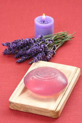 Obraz na płótnie Canvas lavender soap and fresh lavender flowers - body care