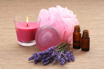 Obraz na płótnie Canvas lavender soap and fresh lavender flowers - body care