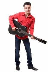 Guitarist. The man in a red shirt with a black guitar