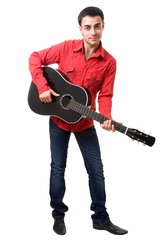 Obraz premium Guitarist. The man in a red shirt with a black guitar