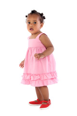 adorable baby pink dressed a over white background