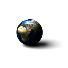 Planet earth laying on white surface with drop shadow