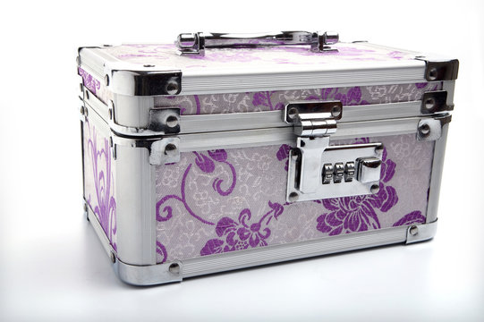 Metal vanity case, cosmetic bag on white background