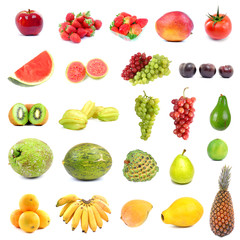 Big collection with differents fruits on white .