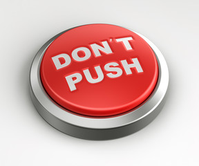3d rendering of a red button with don't push written on it.