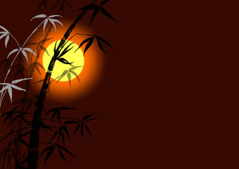 bamboo leaves on a dark background, yellow sun.